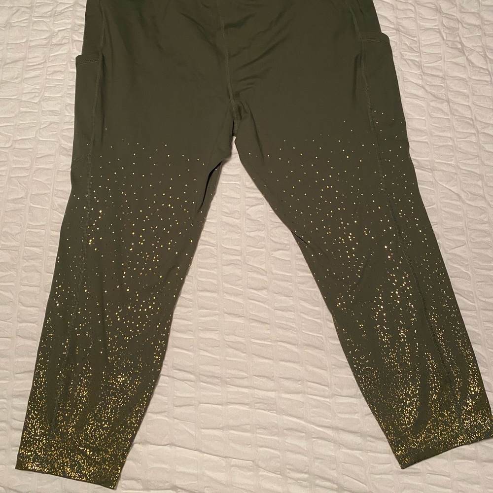 Matched SET Olive Green Women's Leggings AND Bra with Gold Foil Detail